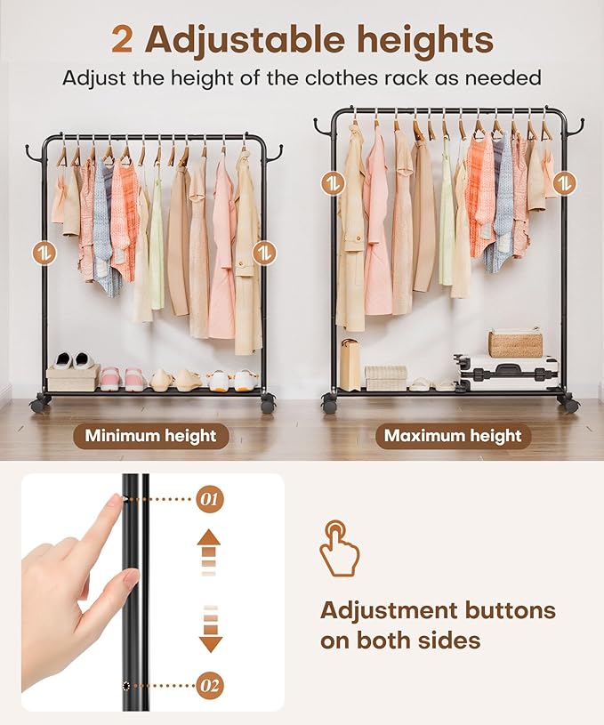 Homde Heavy Duty Clothes Rack: 120lb Standing Garment Storage for Indoor - Rolling Hanging Rod for Bedroom Laundry Room - Coat Dress Organizer on Wheels with luggage shelf (Black,46")