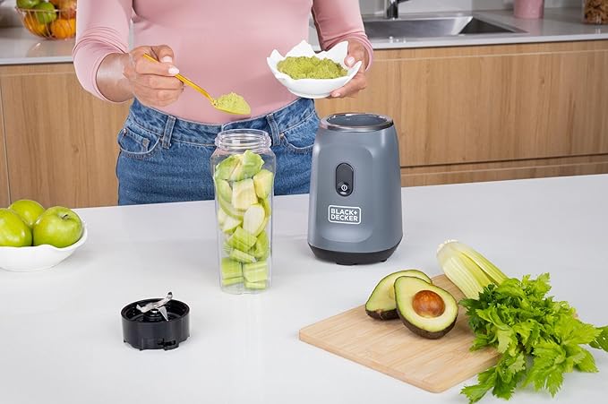 BLACK+DECKER® Ice Crush Single Serve Blender with Pulse/ON Button, Base, Two 20oz Personal Blender Jars, Blade Assembly, Travel Lid, Gray