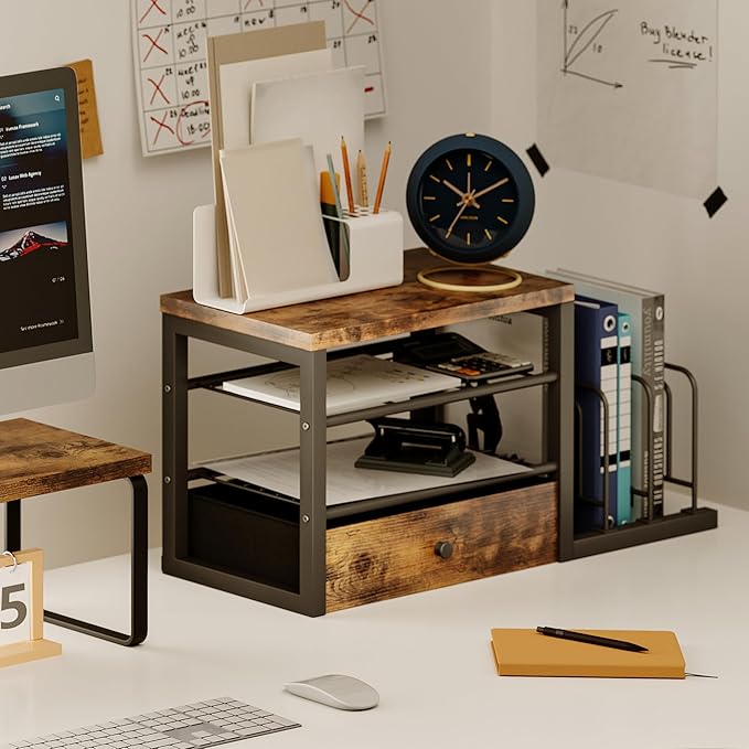 Wood Desk Organizer with Drawers, Desk File Organizer with 3 Vertical File Holders, File Shelf,Storage for Mail, Supplies,Classroom Organization