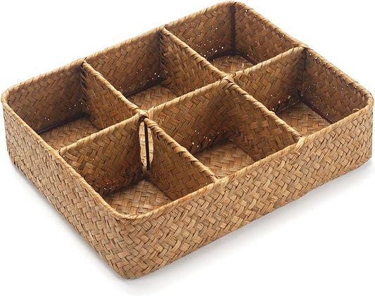 Tea Bag/Sugar Packet Holder, Coffee Station Condiment Organizer, Seagrass Storage Basket, Wicker Rattan Divided Basket Organizer for Drawer/Shelf/Countertop