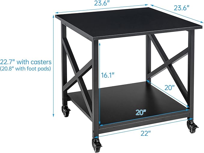 2 Tier Large Printer Stand, 23.6 x 23.6 x 22.6 Inches Square Printer Table with Storage Shelf, Rolling Printer Cart with Industrial Wheels for Home Office, Mini Fridge Stand Table - Black