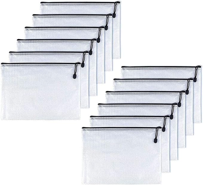 Oaimyy-B5(7"x 11",12 Pcs) Plastic Mesh Zipper Pouch Document Folders Bag & Zip File Folders for School Office Supplies, Travel,Puzzles Games Organizing Storage-Black