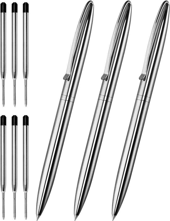 Cambond Metal Ballpoint Pens - Black Ink Fancy Pens 1.0mm Medium Point Bulk for Guest Book Uniform Christmas Gift, 3 Pens with 6 Refills (Silver)