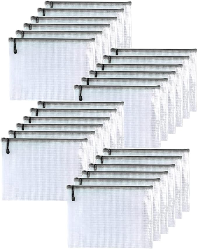 Oaimyy-24 Pcs Plastic Mesh Zipper Pouch Document Folders Bag Zip File Folders for School Office Supplies, Travel,Puzzles Games Organizing Storage-Black (Inches, 12"x 16")