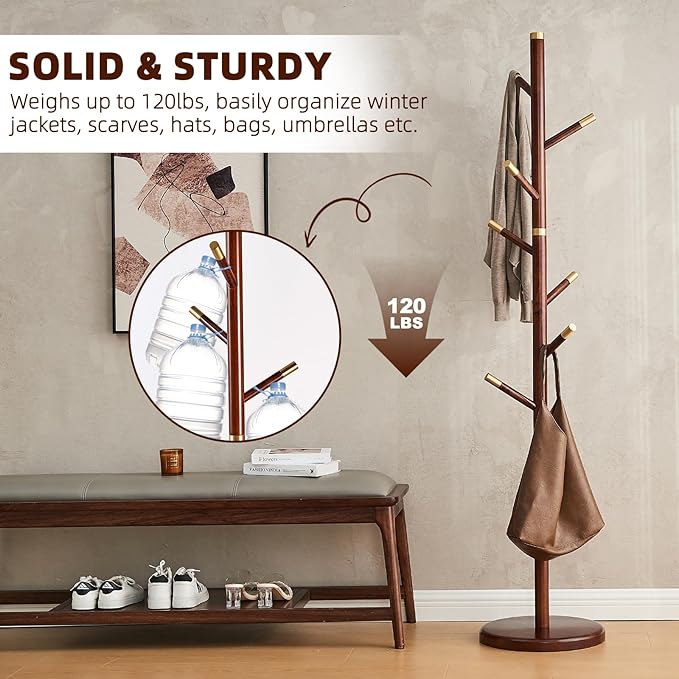 Uniclinens Coat Rack Freestanding Solid Wood Coat Tree Standing with 7 Hooks, Coat Rack Stand Creative Tree Branch-look (Walnut)