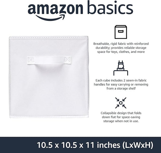 Amazon Basics Collapsible Fabric Storage Cubes Organizer with Handles, Sturdy, White, 10.5-x-10.5-x-11-inch, Pack of 6