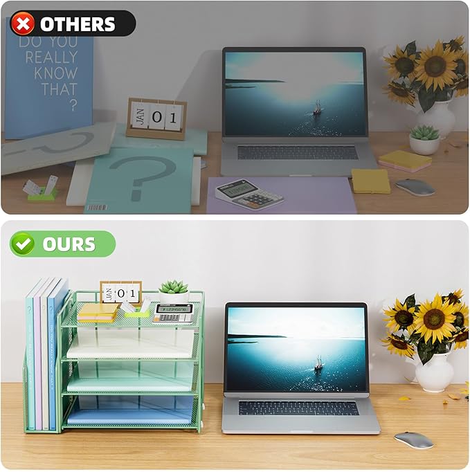 Marbrasse Desk Organizer and Accessories,4-Tier Paper Letter Tray Organizer with File Holder,Desk Accessories & Workspace Desktop Organizers for School Home Office Supplies (Green)