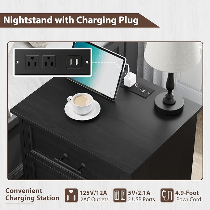 Black Nightstand with Charging Station, 19.7" Farmhouse End Table with 3 Drawers Storage, Bedside Table with Brushed Metal Handles, Unique Base Design, 3 Drawer Dresser for Bedroom, Living Room