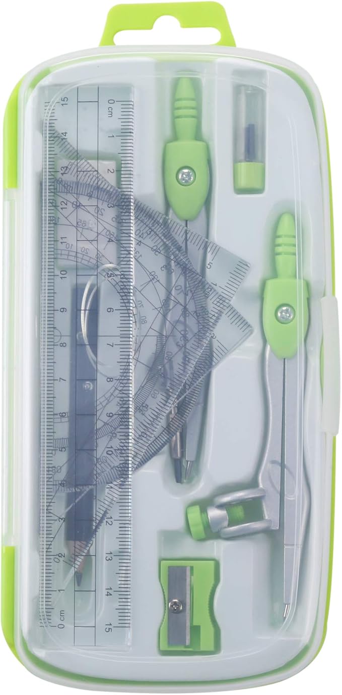Math Geometry Kit Sets 10 Piece Student Supplies with Shatterproof Storage Box,Includes Rulers,Protractor,Compass,Eraser,Pencil Sharpener,Lead Refills,Pencil,for Drafting and Drawings(Green)
