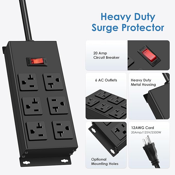 JUNNUJ 20 Amp Power Strip Heavy Duty 2 Pack, Garage 6 Outlets Metal 12 Gauge Surge Protector 3000J, High Amp 5-15P Adapter Shop 6-20R T-Slot Industrial (6AC 2-Pack, 6FT)