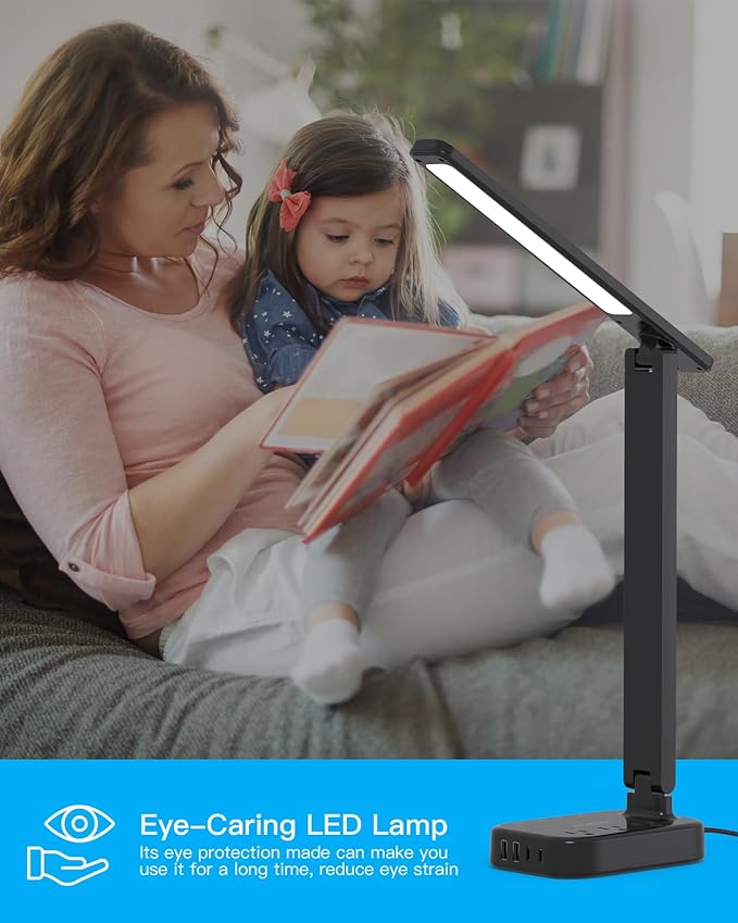 Power Strip with LED Desk Lamp, 10 Ft Extension Cord with 3 Outlets 4 USB Ports(2 USBC), 4 Modes 5 Level Touch Lamp Small Desk Lamps for Home Office College Dorm Room, Study Reading Light - BK