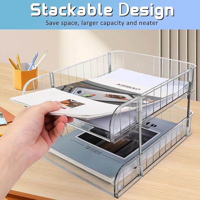Stackable Letter Tray Papers Organizers, A4 Size Desk Organizer Tray for Letter Paper Stationery Desk Accessories, Plastic Black Paper Holder File Organizer for Office, School, Home (Clear)