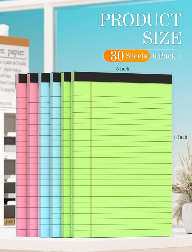 Small Legal Pads 5x8 Colored Note Pads, 6 Pack Small Notepads for Work, Pink Notepad 5x8 Mini Legal Pad, Colored Legal Pads 5x8 for Home Office Supplies, Lined Notebook Paper 5x8 Notes, 30 Sheets/Pad