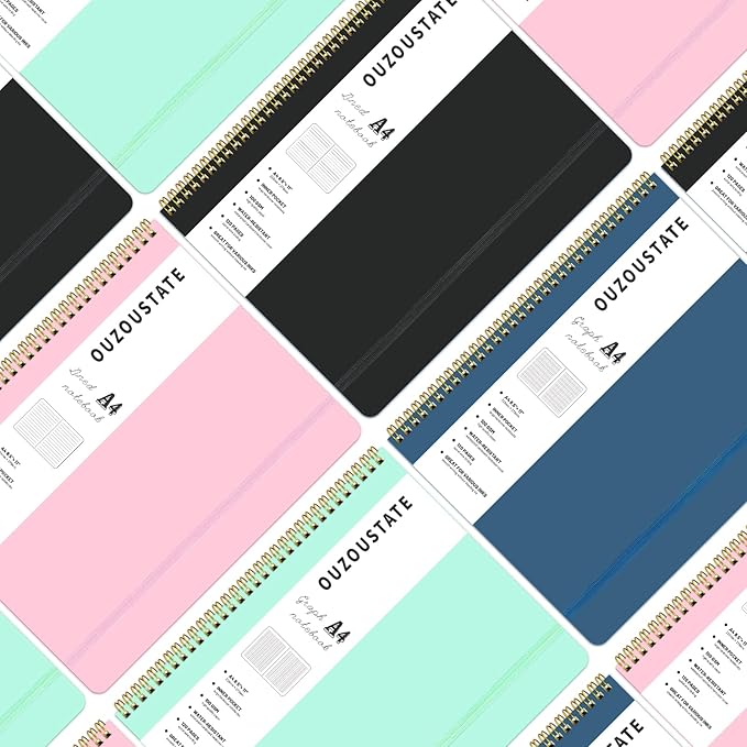 Spiral Graph Notebook 8.5” x 11”, A4 Black Grid Paper Notebook, 120 Pages 100GSM Thick Large Graphing Notebook,Hardcover Spiral Notebook Journals for Work School Engineering