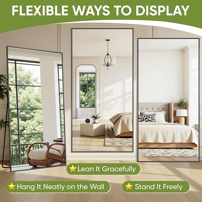 Full-Length Floor Mirror with Stand, 72"x44" Rectangle Style Full Body Standing Mirror for Bedroom, Living Room, Gym, Dorm - Shatter-Resistant & Easy Assembly, Gold