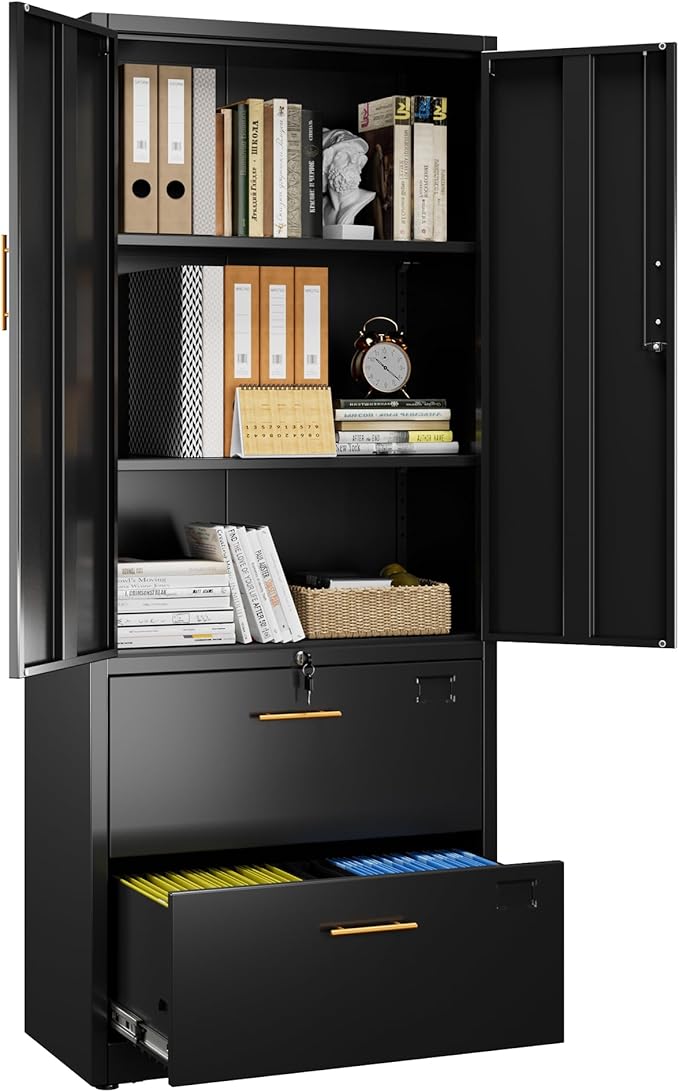 2 Drawer Lateral File Cabinet with Lock, Metal Filing Storage Cabinet with Locking Doors and 2 Adjustable Shelves for Home, Office, School, Fits A4/Letter/Legal Size Folders, Assembly Required