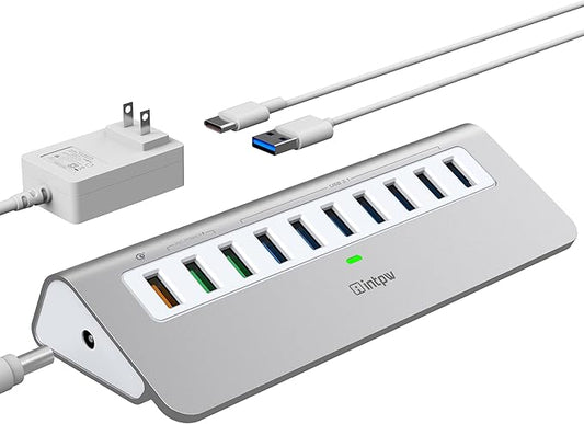 Powered USB Hub 10Gbps, 10 Port USB 3.1 Gen 2 Hub with 7 USB 3.1 Data Ports, 3 Fast Charging Ports, 36W Power Adapter, Type A and Type C Cable, Aluminum USB Data Hub for Mac, PC, Laptop
