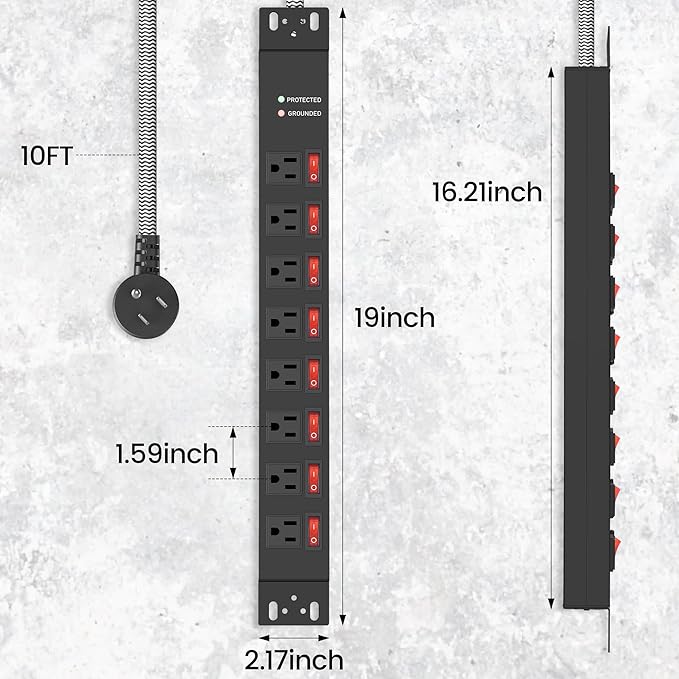 Rack Mount Power Strips,8 Outlet Strips Surge Protector with Individual Switches, PDU Power Strip for Server Racks, 14AWG Heavy-Duty Braided Extension Cord,2700J,15A 125V 1875W (10 FT Cable)