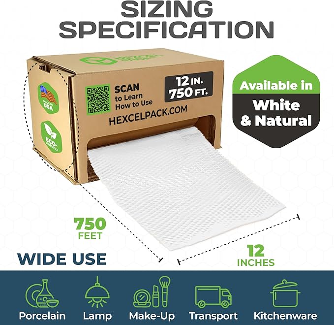 HexcelWrap Mini - Honeycomb Packing Paper, Eco-Friendly, Sustainable Paper Bubble Wrap for Shipping & Moving, Cushioned Packing Material in Easy Self-Dispenser Box - White, 12" x 750'
