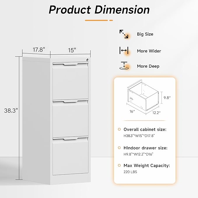 Bestoo 17.8" D File Cabinet, 3 Drawer Metal Filing Cabinets with Lock, Locking Vertical File Cabinet for Letter/Legal/A4/F4 Size, Easy Assemble (White)