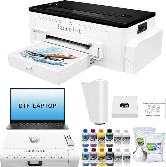 Lancelot A3 L1800 DTF Printer Bundle DTF Printing Machine with Roll Feeder, White Ink Circulation,t Shirt Printers with Film Cutter for DIY T Shirt Business (Printer+Software+Laptop+Consumables)