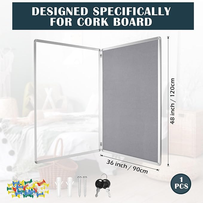 Suzile 1 Pcs Gray Enclosed Bulletin Board Lockable Cork Case Notice Board Aluminum Framed Waterproof Locking Cabinet with Mounting Screws for School Class Office Wall Display Pictures 48x36 Inch