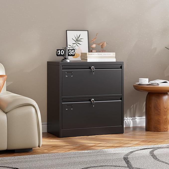 Metal 2 Drawer Lateral File Cabinet with 2 Lock - Wide Filing Cabinet for Letter/Legal/F4/A4 Hanging Files - Includes Business Card Holder,Home Office School Storage,Black