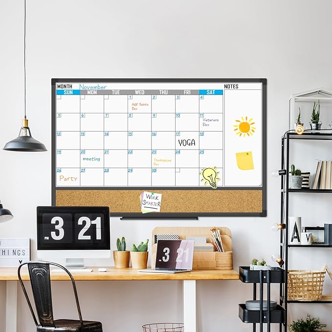 XBoard Dry Erase Calendar Whiteboard 36 X 24 - Combo White Board Calendar Monthly, Magnetic White Board + Corkboard with Black Aluminum Frame, 10 Colorful Push Pins & Marker Tray Included