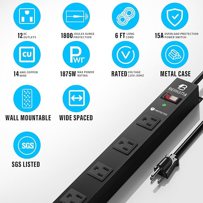 12 Outlet Surge Protector Metal Power Strip, 1800J Mountable Power Outlet, Heavy Duty Workshop Metal Power Strip for Commercial, Industrial, School and Home,15A 125V 1875W (6FT)