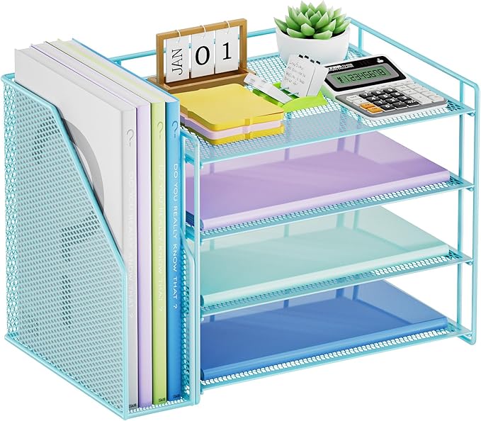 Marbrasse Desk Organizer and Accessories,4-Tier Paper Letter Tray Organizer with File Holder,Desk Accessories & Workspace Desktop Organizers for School Home Office Supplies (Blue)
