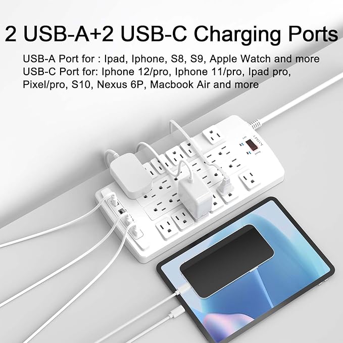 QINLIANF Surge Protector Power Strip - 20Ft Flat Plug Heavy Duty Extension Cord with 24 Outlets and 4 USB Ports(2 USB-C Ports), 1875W/15A, 4100J, for Home, Office, Dorm, ETL Listed, White
