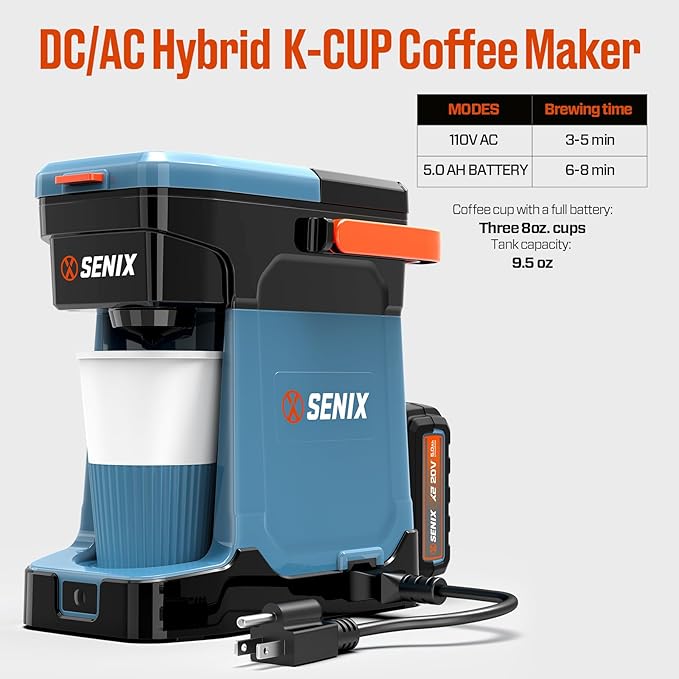 SENIX Coffee Maker, Portable Coffee Machine, 2-in-1 20V 5.0 Ah Battery, Charger & Power Cord, Compatible with K-Cups, Ground, Pods, 8oz Brew Size - for Travel, Camping, Job Site, RV, Home (CMX2-M4)