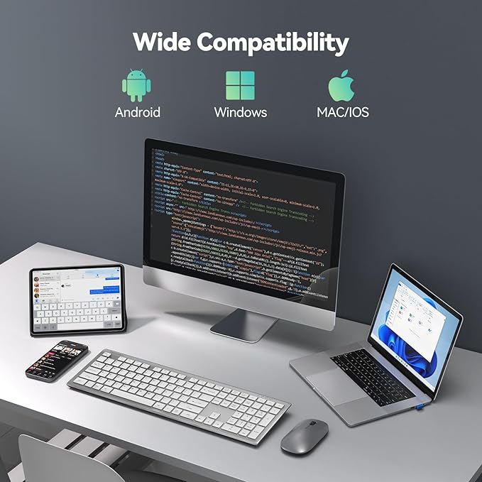 TECKNET Bluetooth Keyboard Rechargeable, 4-Device Free Switching (2.4G+BT), Ultra-Slim Full Size Wireless Keyboard, Quiet Typing, for PC/Laptop/Smart TV/Phone, Adjustable Stand, 12 Multimedia Keys