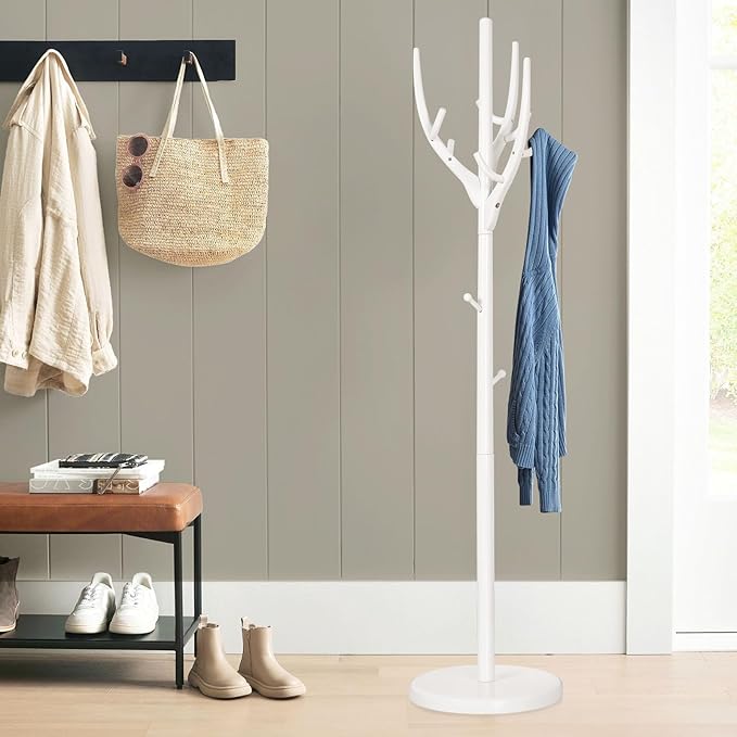 Coat Rack Freestanding, Wooden Coat Rack Stand with 16.5" Round Base, Tree Branch-look, 72" Coat Tree Standing Heavy Duty Clothes Hanger with 12 Hooks for Corner Entryway, White