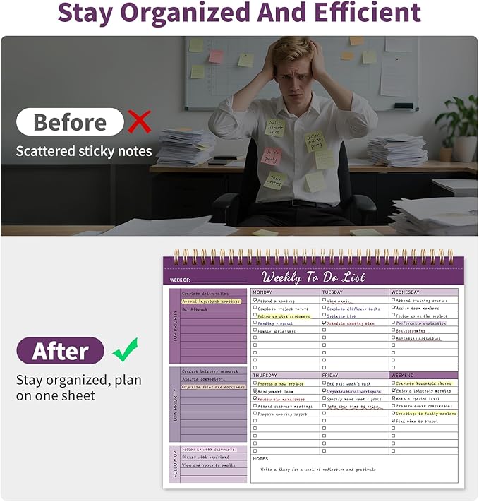 Weekly To Do List Notepad, 52 Undated Sheets (8.5"×11") Duplex-printed Weekly Planner Notepad For Work Home School Office Desk Accessories Supplies & Goal Setting Tasks - Purple