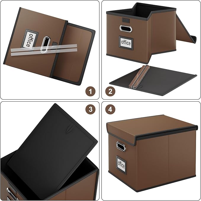 Huolewa Faux Leather File Organizer Box with Lid, Collapsible Hanging File Folder Box Organizer with Plastic Slides, Decorative Home/Office Filing Boxes for File and Folder Storage - Dark Brown