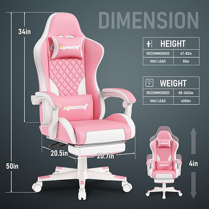 Gaming Chair,Ergonomic Computer Chairs for Adults with Footrest, PU Leather Office Chair with Adjustable Lumbar Support & Pocket Spring Cushion - Heavy Duty 400lb Capacity Gamer Chair (Pink)