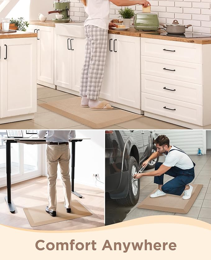 Ophanie Kitchen Mats for Floor, 3/4 inch Thick, Anti Fatigue Cushioned Mat, Kitchen Rugs, Waterproof, Comfort Ergonomic Standing Mat for Office, Home, Sink, 20x32 Beige Non-Slip Ridged Bottom