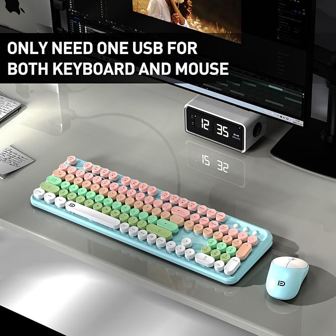 Wireless Keyboard and Mouse Set, 105 Round Keys Full-Size Cute Colorful Keyboard and Mouse with Retro Typewriter for PC/Mac/Laptop/Tablet/Computer/Windows Light Blue