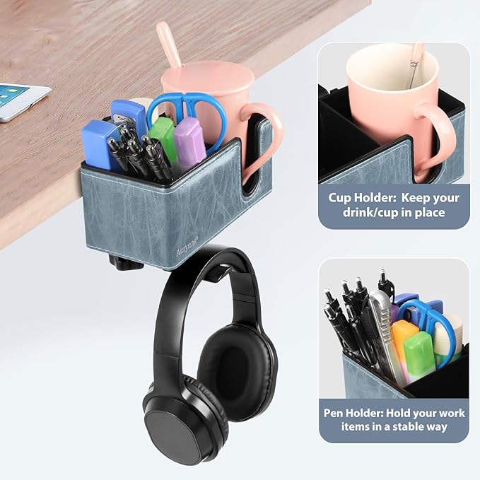 Desk Cup Holder Clip on Pen Holder Headphone Hanger Headset Stand Rotatable Clamp Hook Under Desk (Sky Blue)