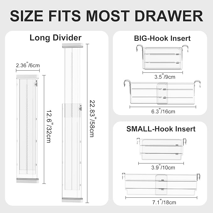 HiYZ Expandable Drawer Dividers with Inserts - Adjustable Drawer Organizers Separators for Kitchen, Bedroom, Dresser, Office, 8 Long Dividers(12.6-22.8 IN) with 10 Inserts(3.9-7.1 IN) - Clear