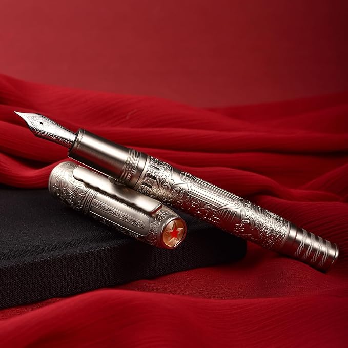 Hongdian 100 Silver Steel Piston Fountain Pen, Iridium Extra Fine Nib Calligraphy, Smooth Writing Pens, Nice Writing Pen for Men & Women