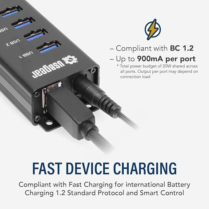 10-Port USB 3.2 Gen 1 Mountable Charging and SuperSpeed Data Hub with 5V/4A Power Adapter and USB Type-A to Type-B Cable Up to 900mA per Port Charging Function Wall and Surface Mounting