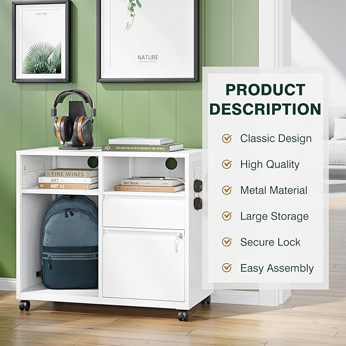 Metal File Cabinet,Lateral Filing Cabinet with Lock for Letter/A4 Size Files,Rolling Printer Stand with Open Storage Shelves for Home Office(White)