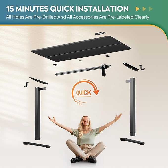 DEVAISE 48 Inch Electric Standing Desk, 3 Adjustable Height Stand up Desk for Home Office, Ergonomic Sit to Stand Desk with LED Touchscreen, Headphone Hook, 3 Memory Preset Computer Desk (Black)