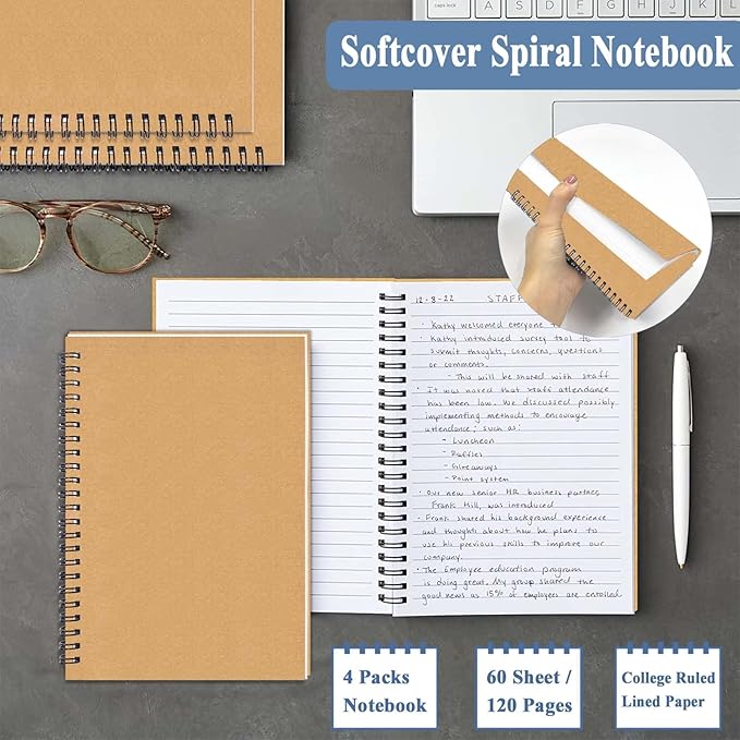 GINMLYDA 4Pack Small Spiral Notebook A5, 8.25x5.5β 120 Lined Pages Wide Ruled Spiral Journal Bulk Blank Kraft Cover Spiral Bound Notebook & Writing Pads for Home Office Meeting Work Note Taking