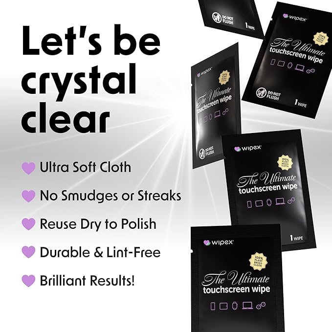 Wipex Car Screen Wipes for Electronics - 24 Individual Car Screen Cleaner Wipes - Plant-Based Touchscreen Cleaner Cloth for Dashboard Panels, Mobile Phone, Interior Car Cleaning Supplies (5.9"x4.92")