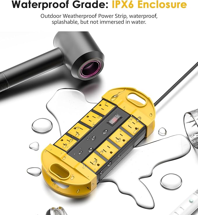 CCCEI 2 Outdoor Power Strips Weatherproof with 8 Plug, Waterproof Extension Cord with Multiple Outlets, Christmas Exterior Garden Yard Surge Protector 15FT, Yellow.