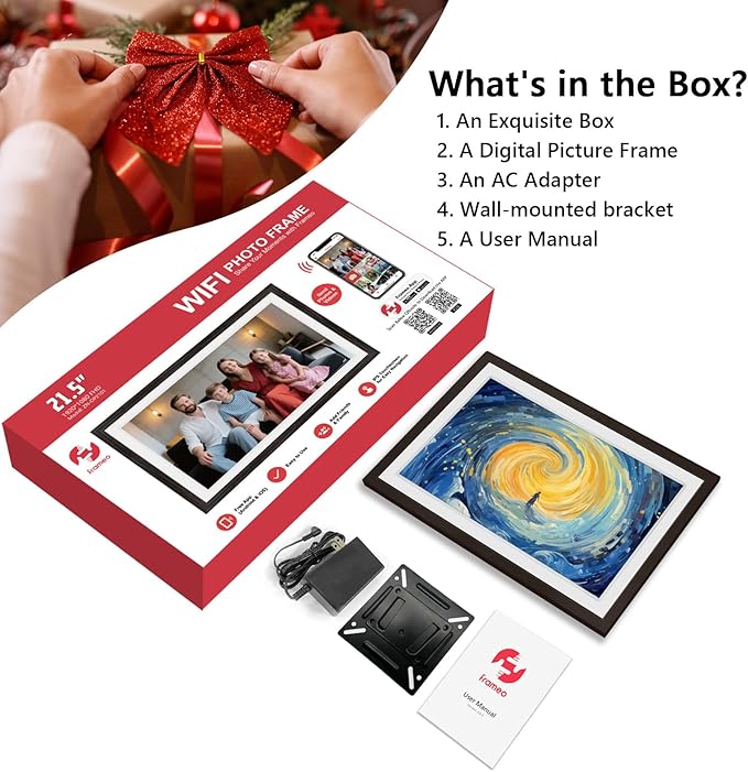 Touch Screen FRAMEO Digital Picture Frame 32GB Storage WiFi Smart 21.5 inch Photo Frame, FHD IPS Auto-Rotate, Attach Wall mounting Bracket Share Photos or Videos Instantly via Frameo APP