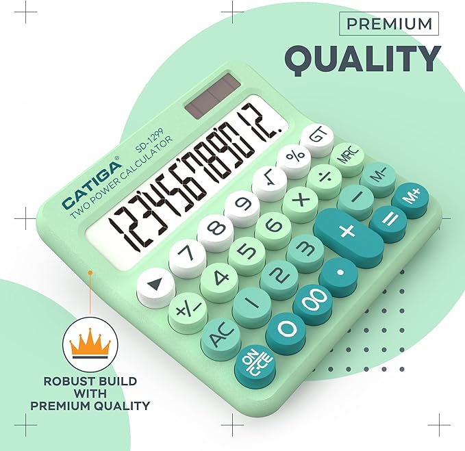 CATIGA Mechanical Switch Calculator with Solar and Battery Dual Power, 12-Digit Large LCD Display, Aesthetic and Cute Desktop Calculator with Big Button, for Home, School and Office Use, SD-1299